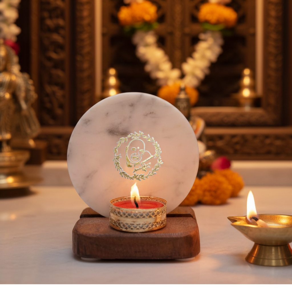 Namokar Mantra  Tea Light Holder Mother of Pearl with Wood