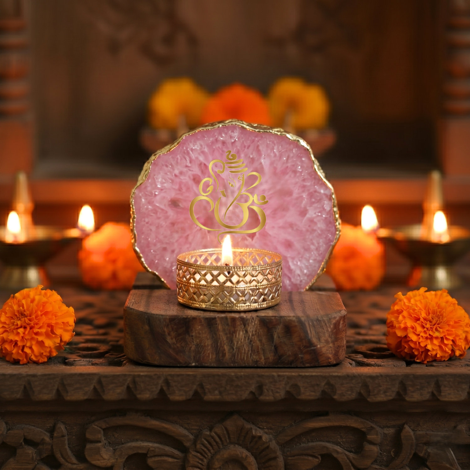 Agate Lord ganesh Tea Light Holder With Wooden Stand