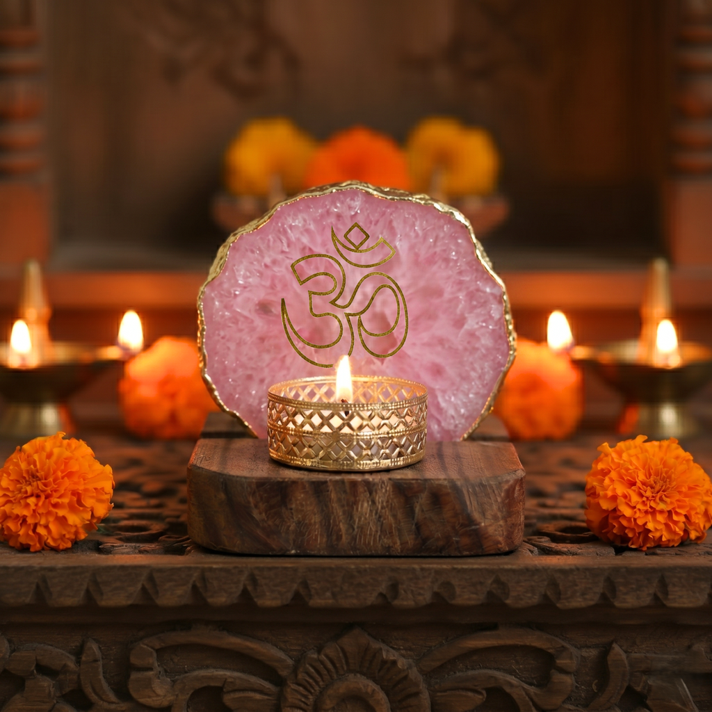 OM Agate Tea Light Holder with Wood Stand