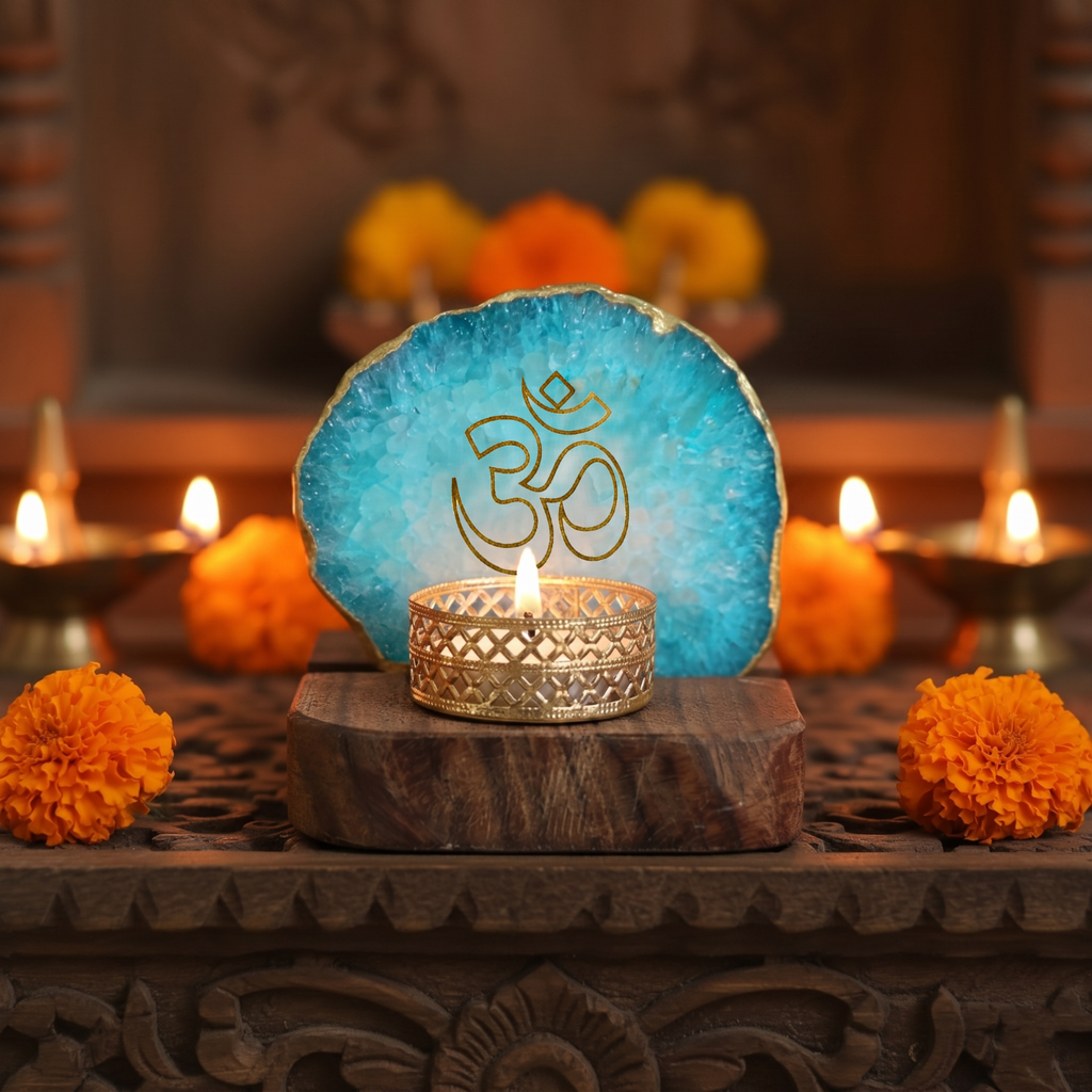 OM Agate Tea Light Holder with Wood Stand