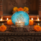 OM Agate Tea Light Holder with Wood Stand