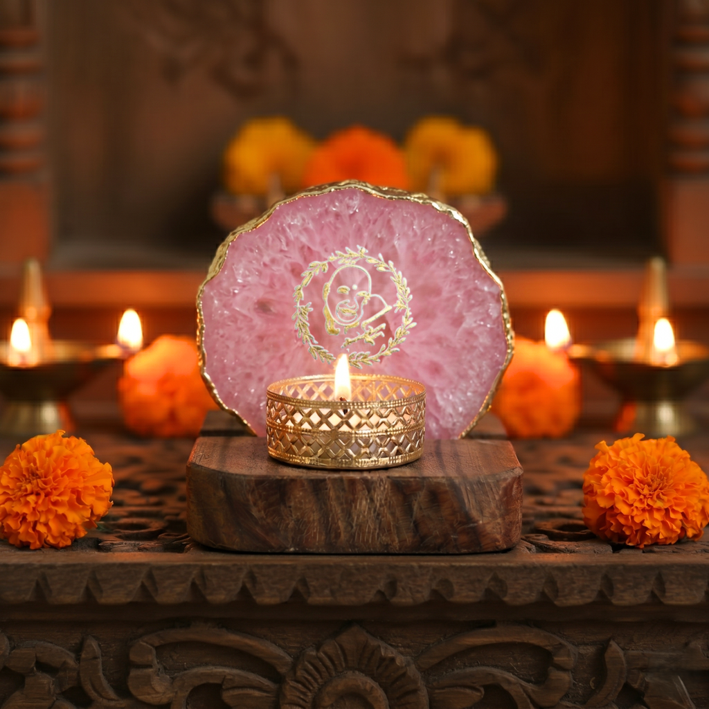 Guruji Agate Tea Light Holder with Wood Stand