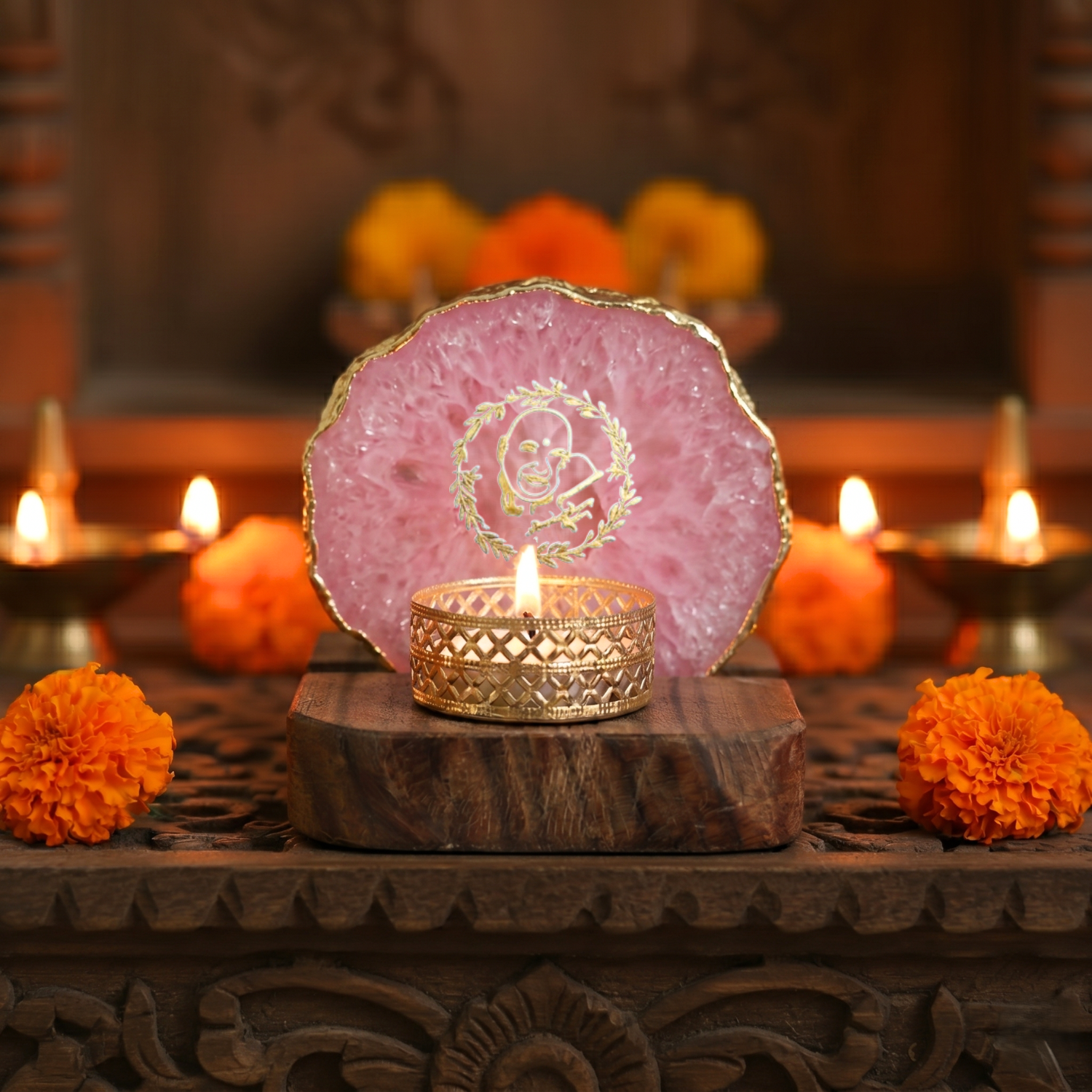 Guruji Agate Tea Light Holder with Wood Stand