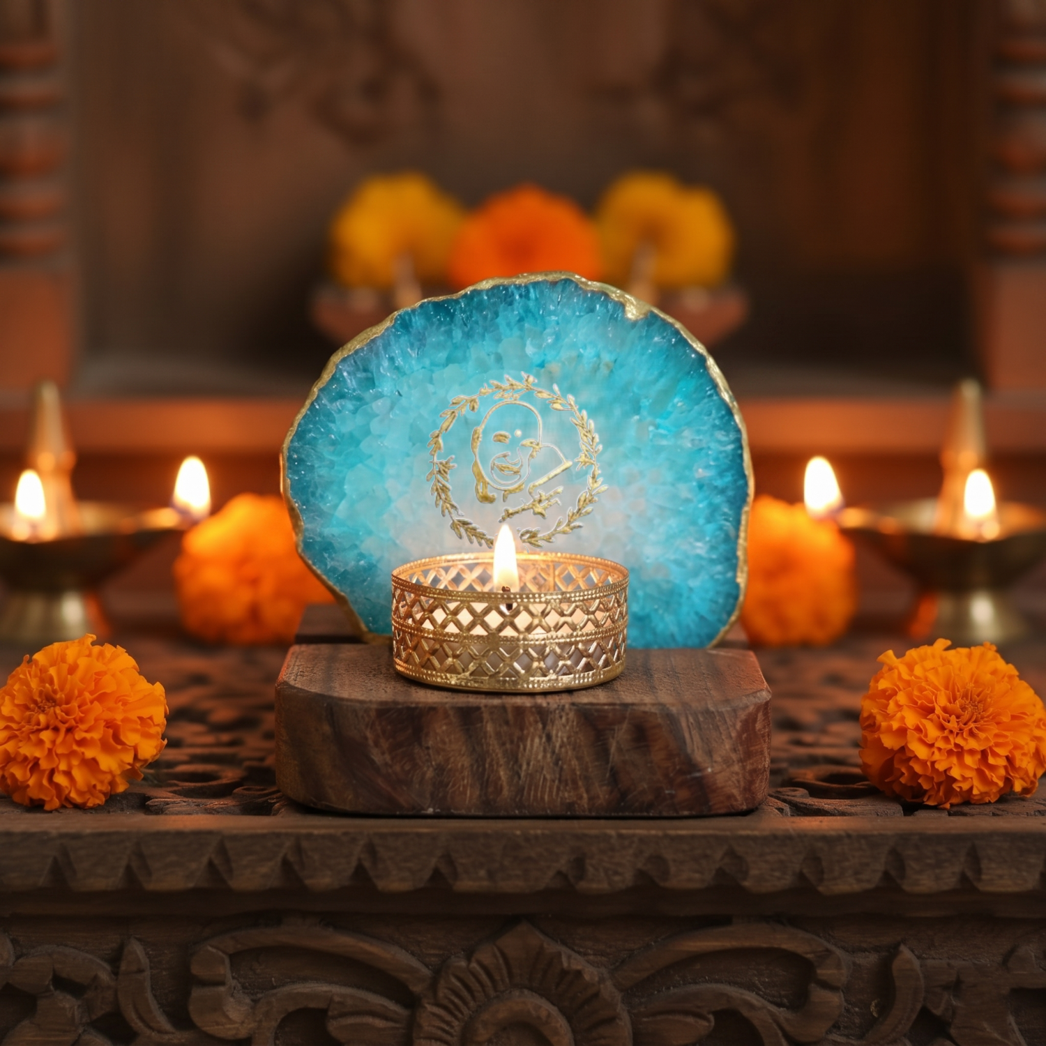 Guruji Agate Tea Light Holder with Wood Stand