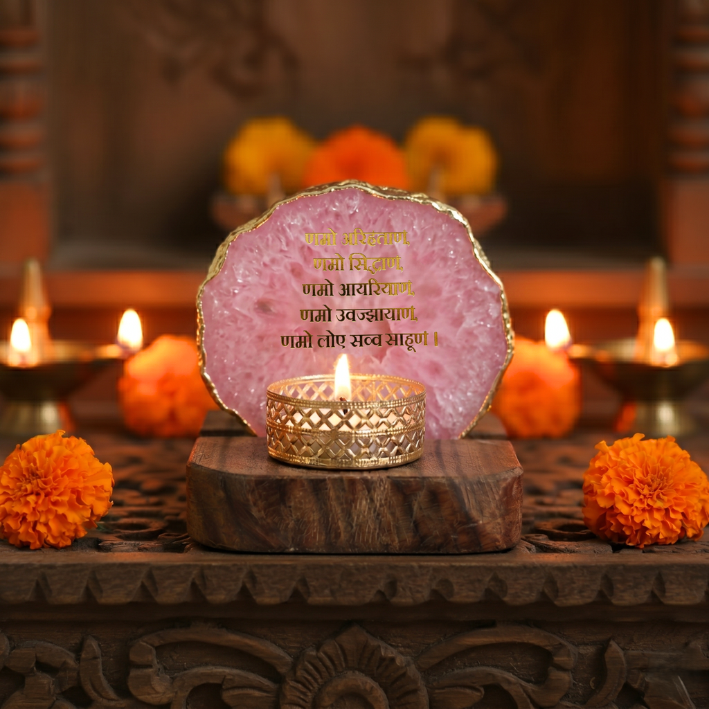 Namokar Mantra Agate Tea Light Holder  with Wood Stand