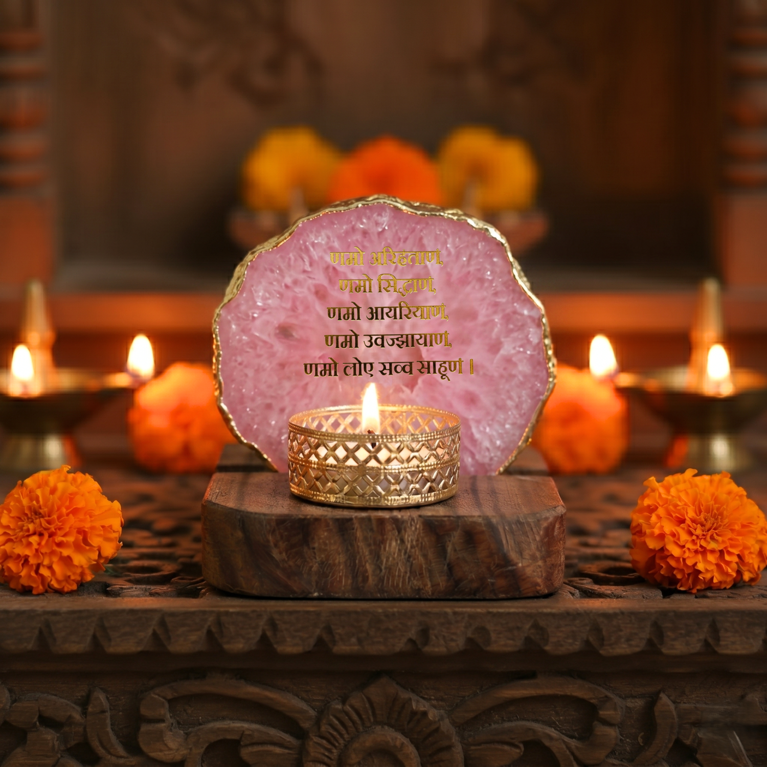 Namokar Mantra Agate Tea Light Holder  with Wood Stand