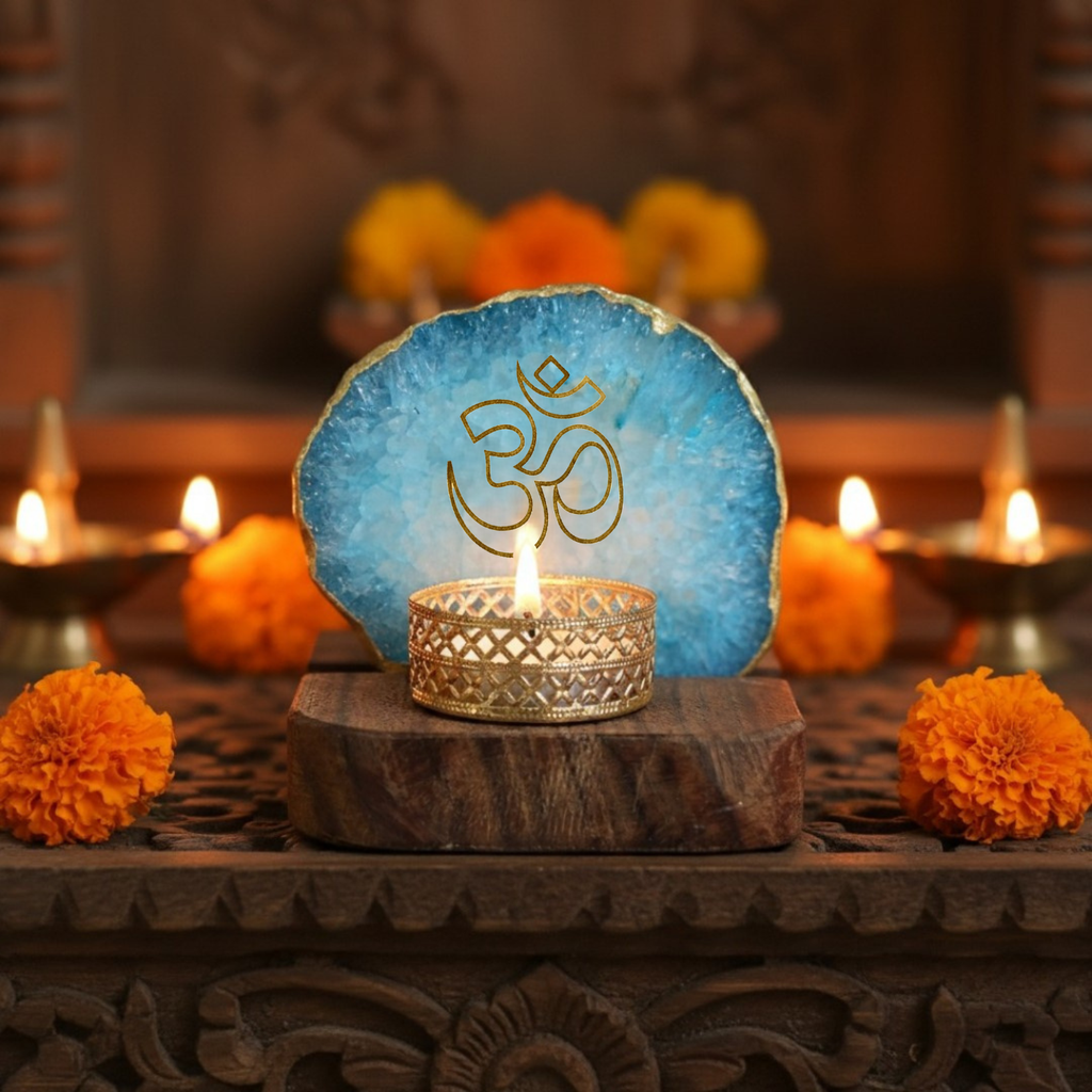 OM Agate Tea Light Holder with Wood Stand