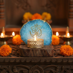 OM Agate Tea Light Holder with Wood Stand