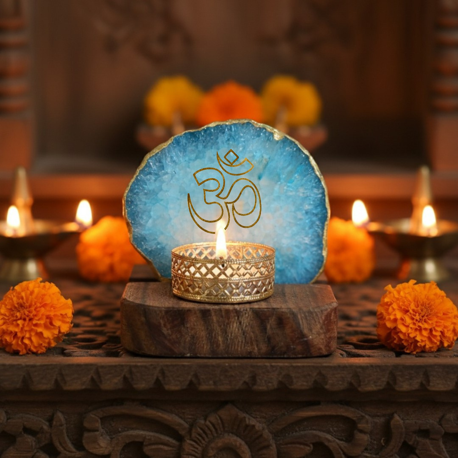 OM Agate Tea Light Holder with Wood Stand