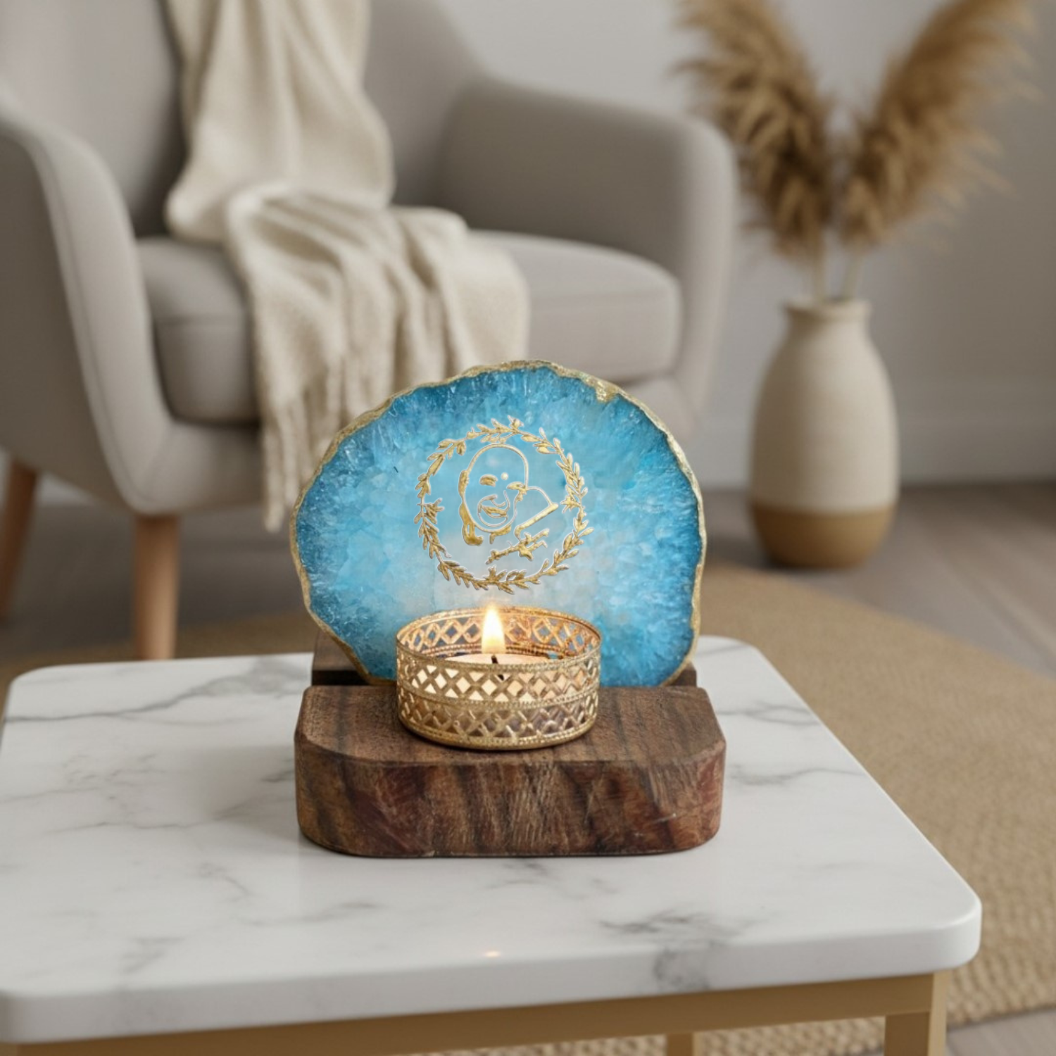 Guruji Agate Tea Light Holder with Wood Stand