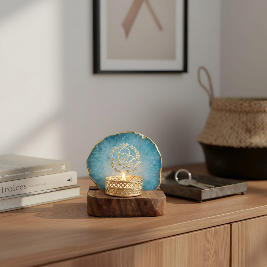 Guruji Agate Tea Light Holder with Wood Stand