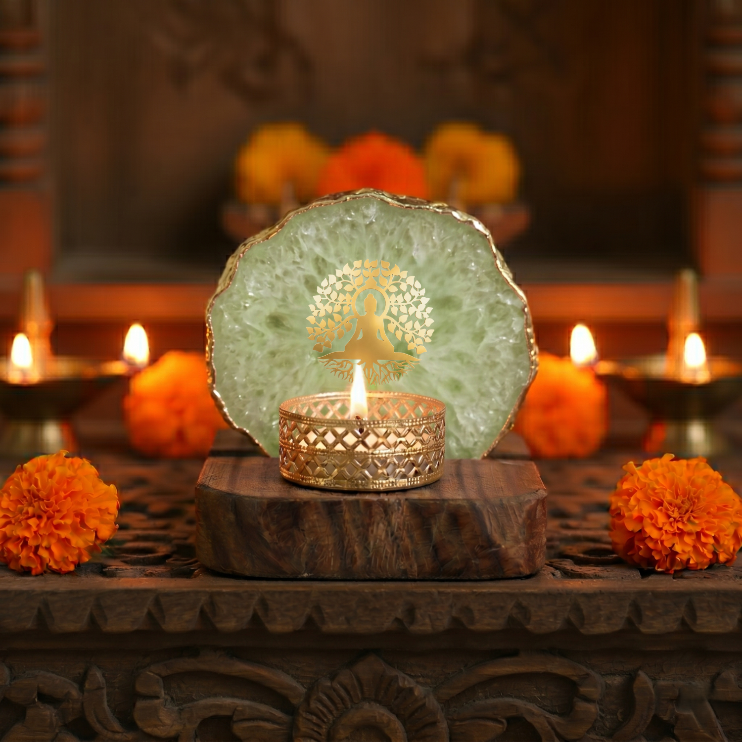 Budha Tree Green Agate Wooden Tealight