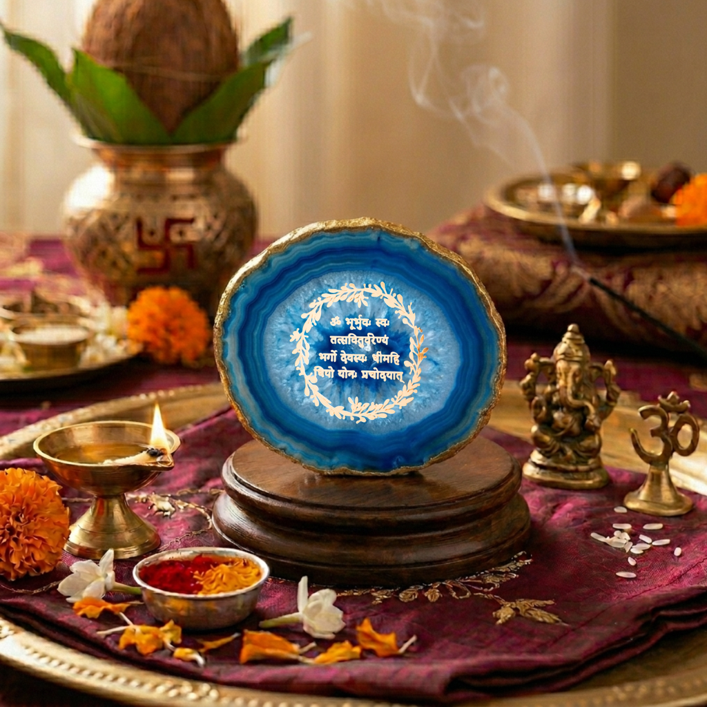 Agate Gayatri Mantra Small Back Side Tealight- Blue