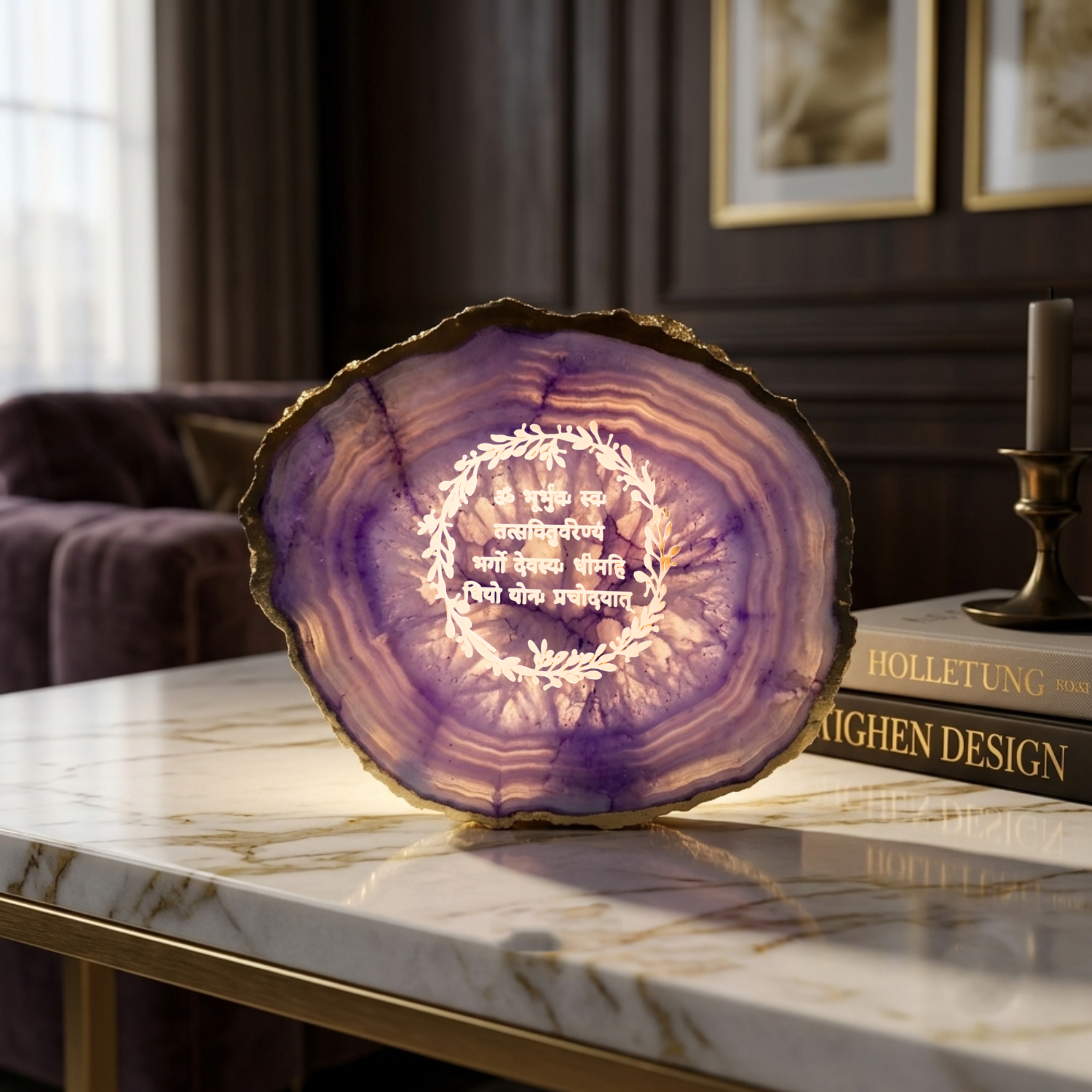 Agate Gayatri Mantra Small Back Side Tealight- Purple