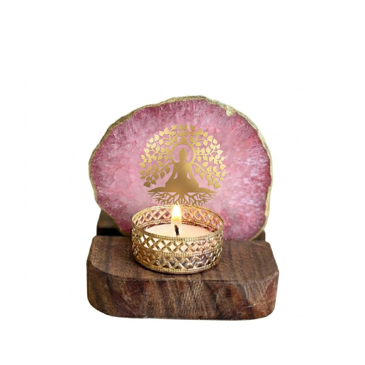 Budha Tree Pink Agate Wooden Tealight