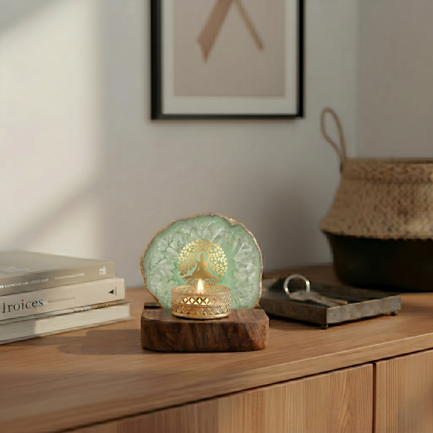 Budha Tree Green Agate Wooden Tealight