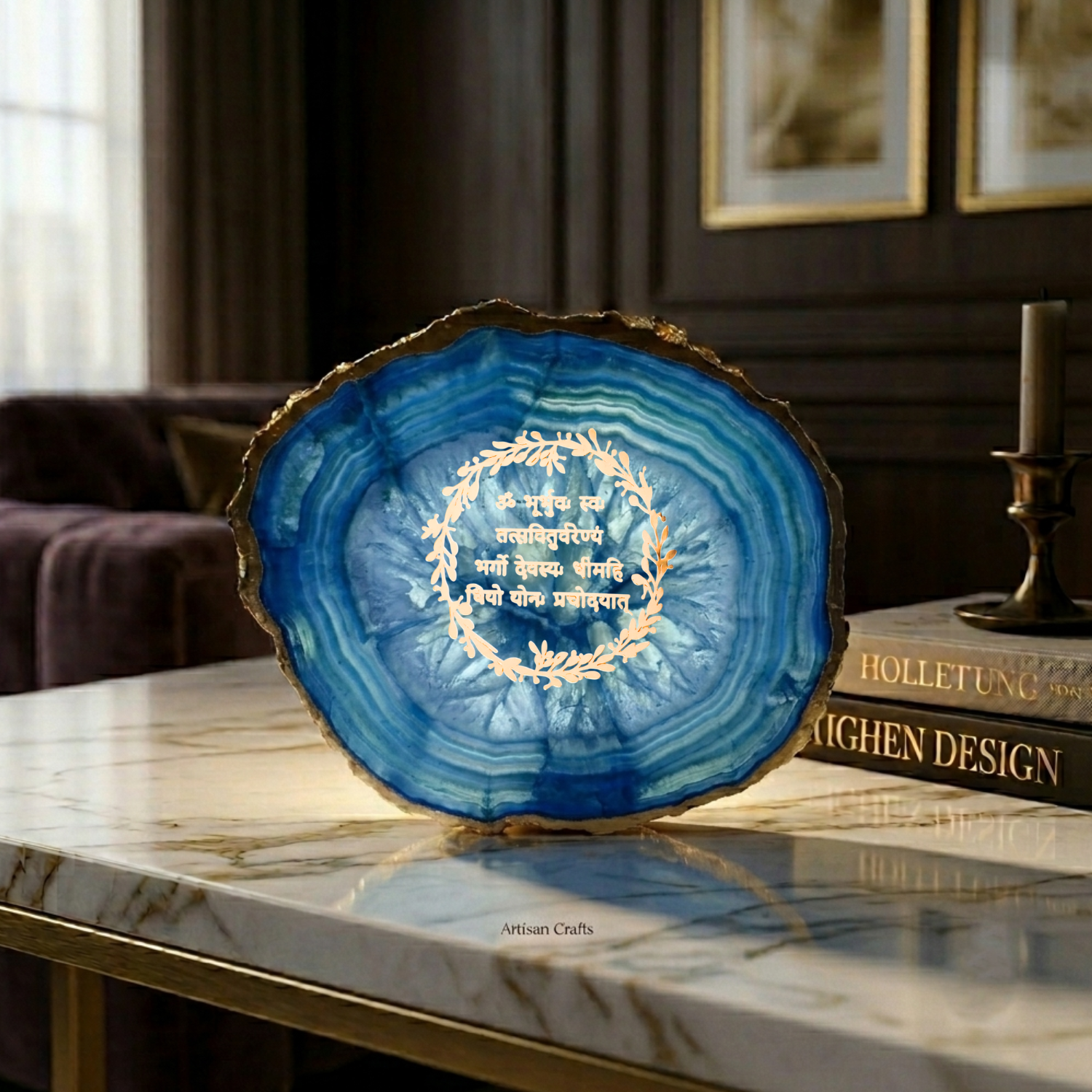 Agate Gayatri Mantra Small Back Side Tealight- Blue