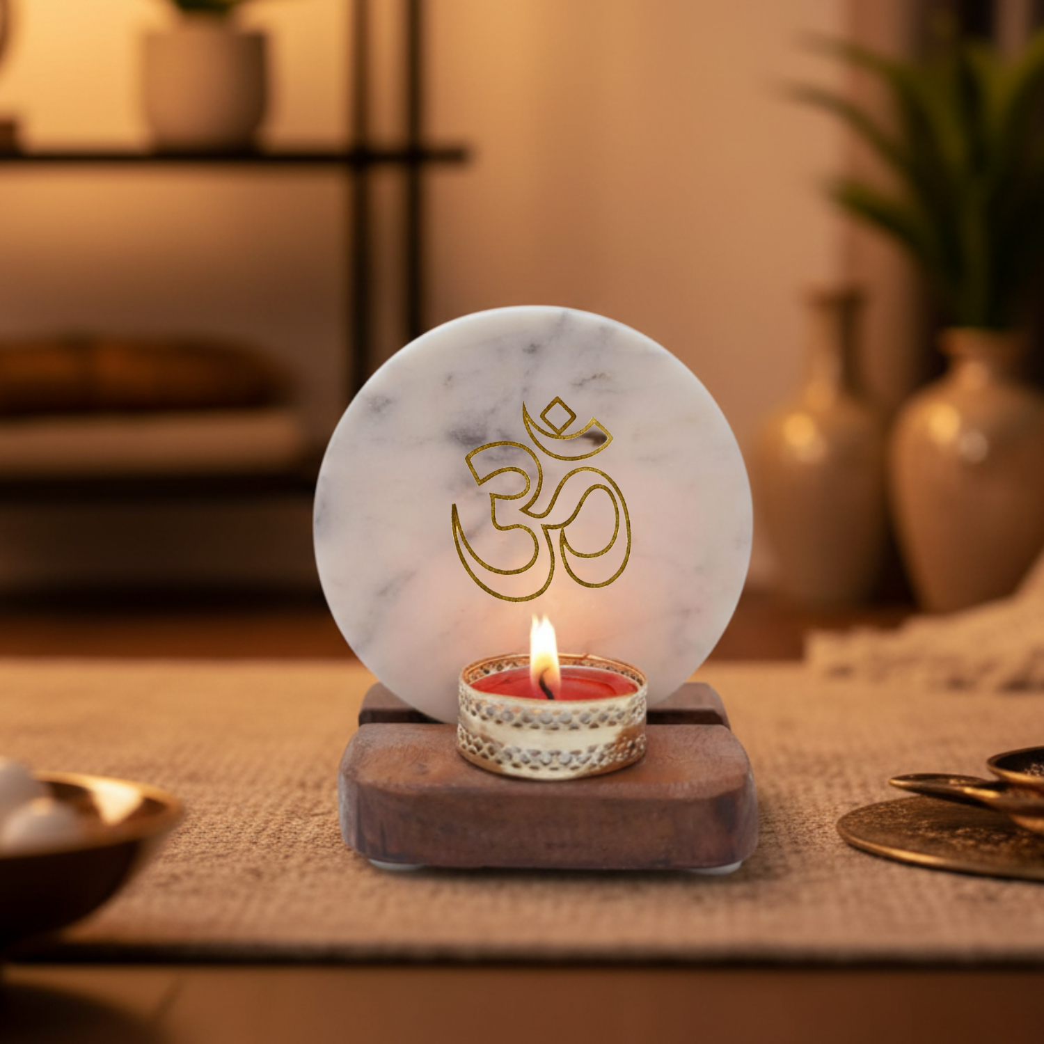 Tea Light Holder Marble with Wood with figurine