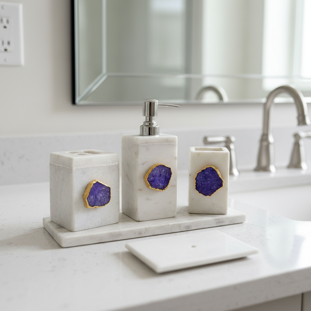White Marble with Purple Agate Bathroom Set, Set of 5