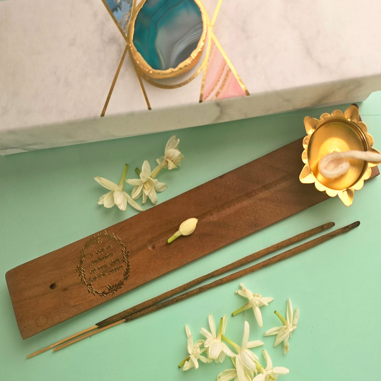 Wooden Gaytri Mantra Incense Holder And Diya