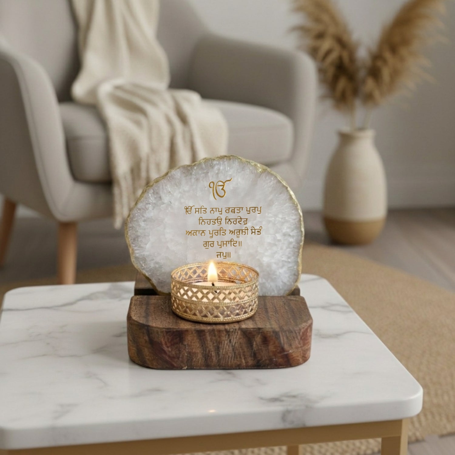 Ik Onkar Mantra White Agate Tealight Wooden