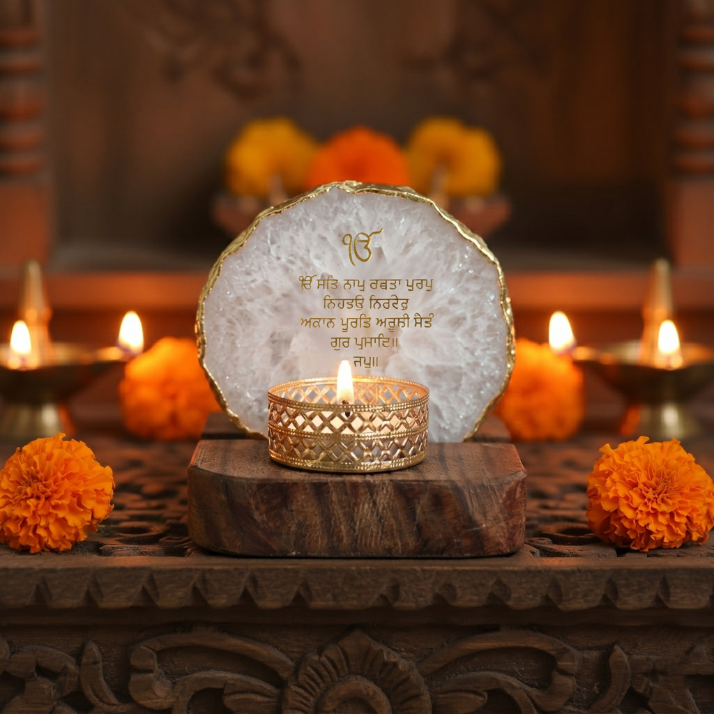 Ik Onkar Mantra White Agate Tealight Wooden