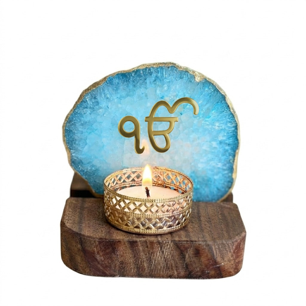 Ik Onkar Tea Light Holder Agate with Wood Stand