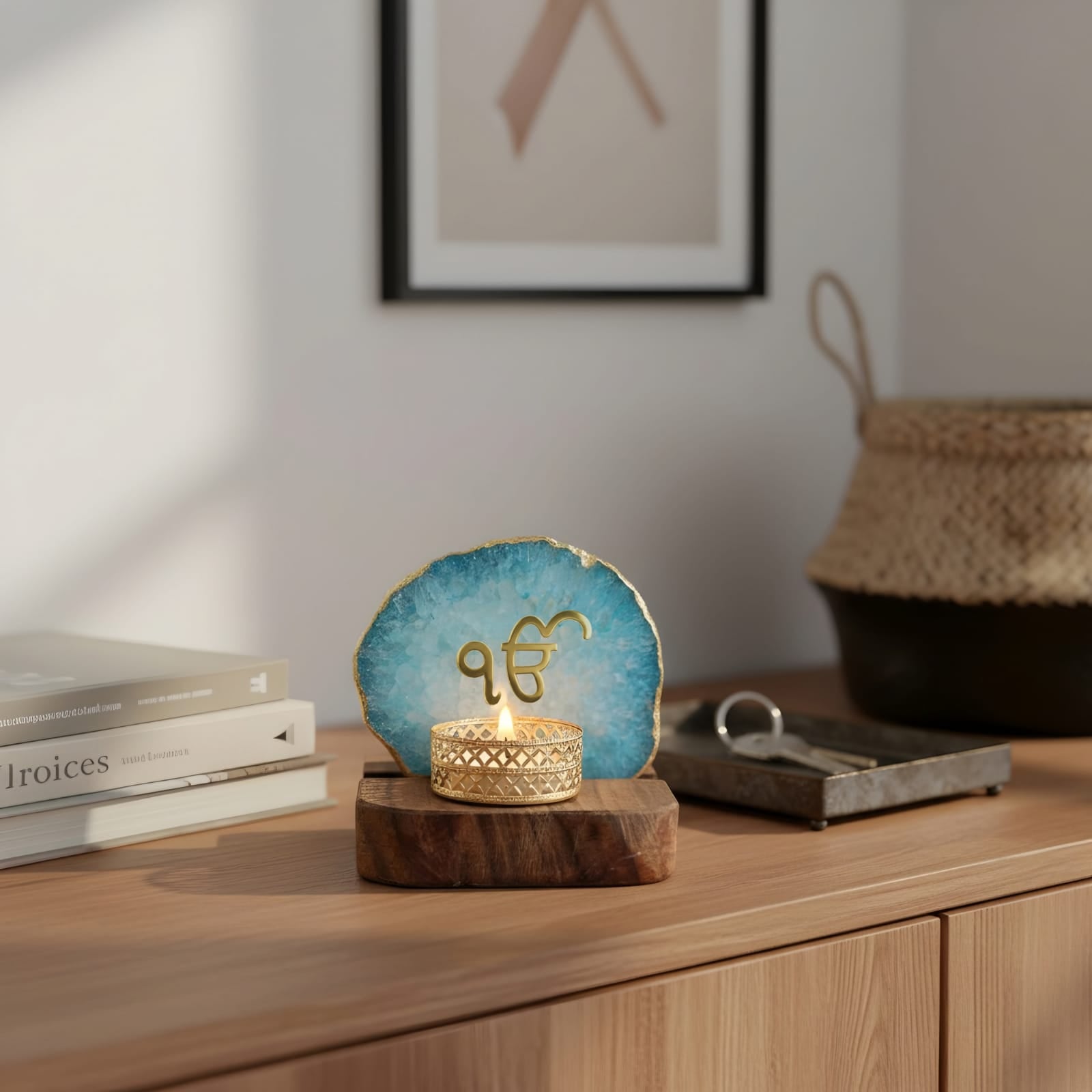 Ik Onkar Tea Light Holder Agate with Wood Stand