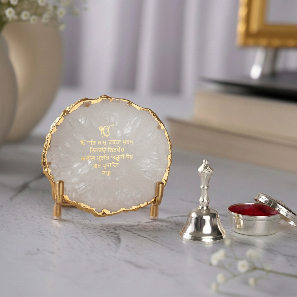 Ik Onkar Mantra White Agate Metal Showpeice