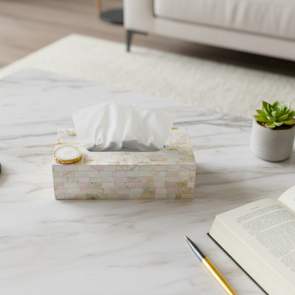 White Agate with  Mother of Pearl Tissue Box Holder