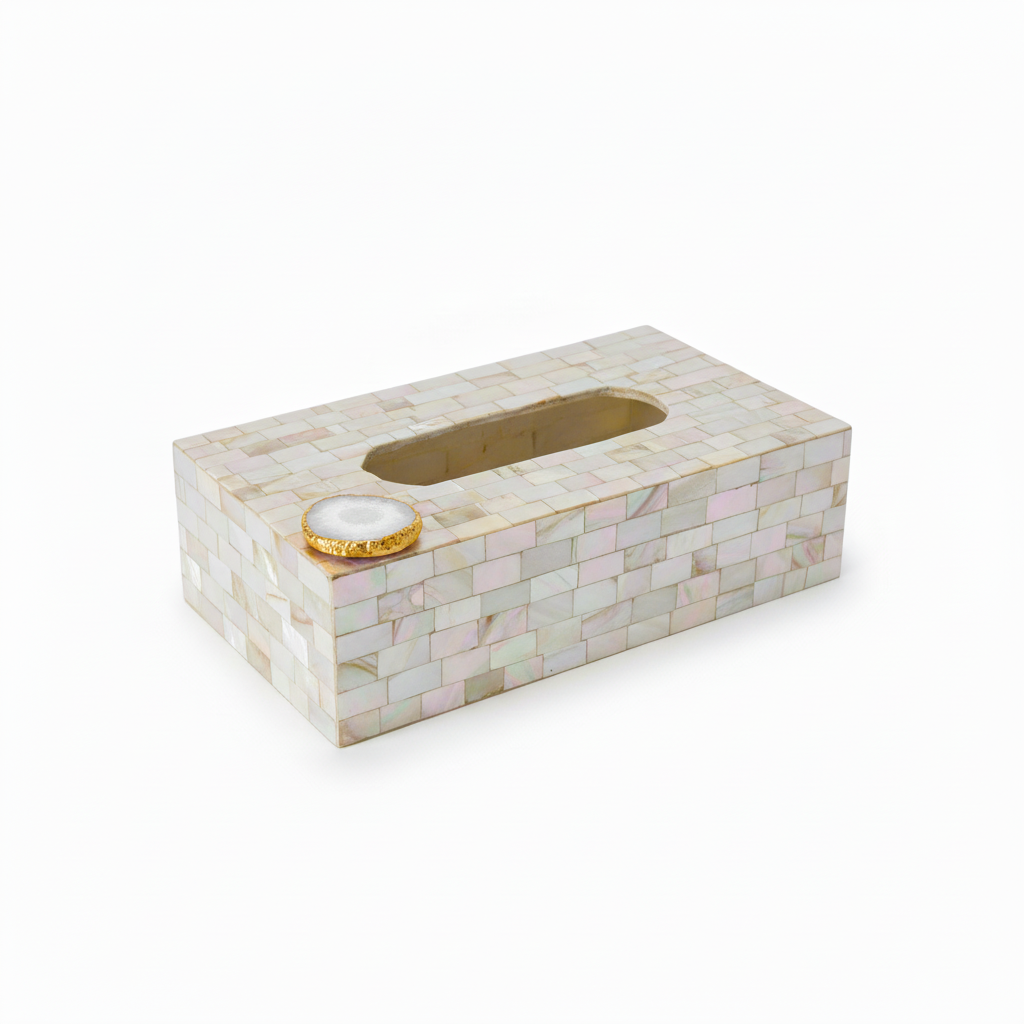 White Agate with  Mother of Pearl Tissue Box Holder
