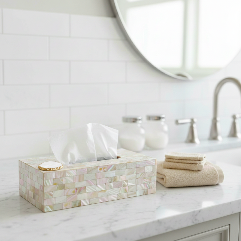 White Agate with  Mother of Pearl Tissue Box Holder