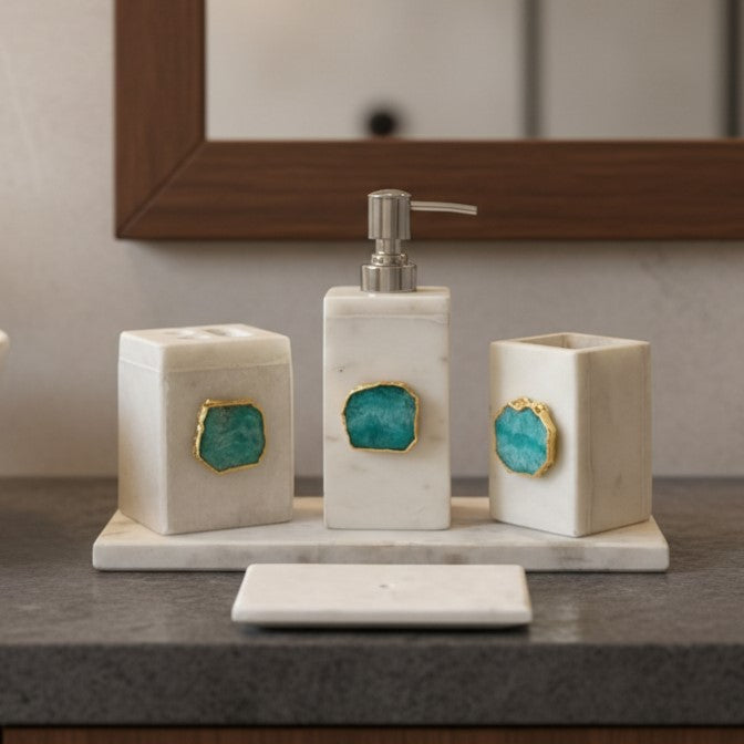 White Marble with Green Agate Bathroom Set, Set of 5
