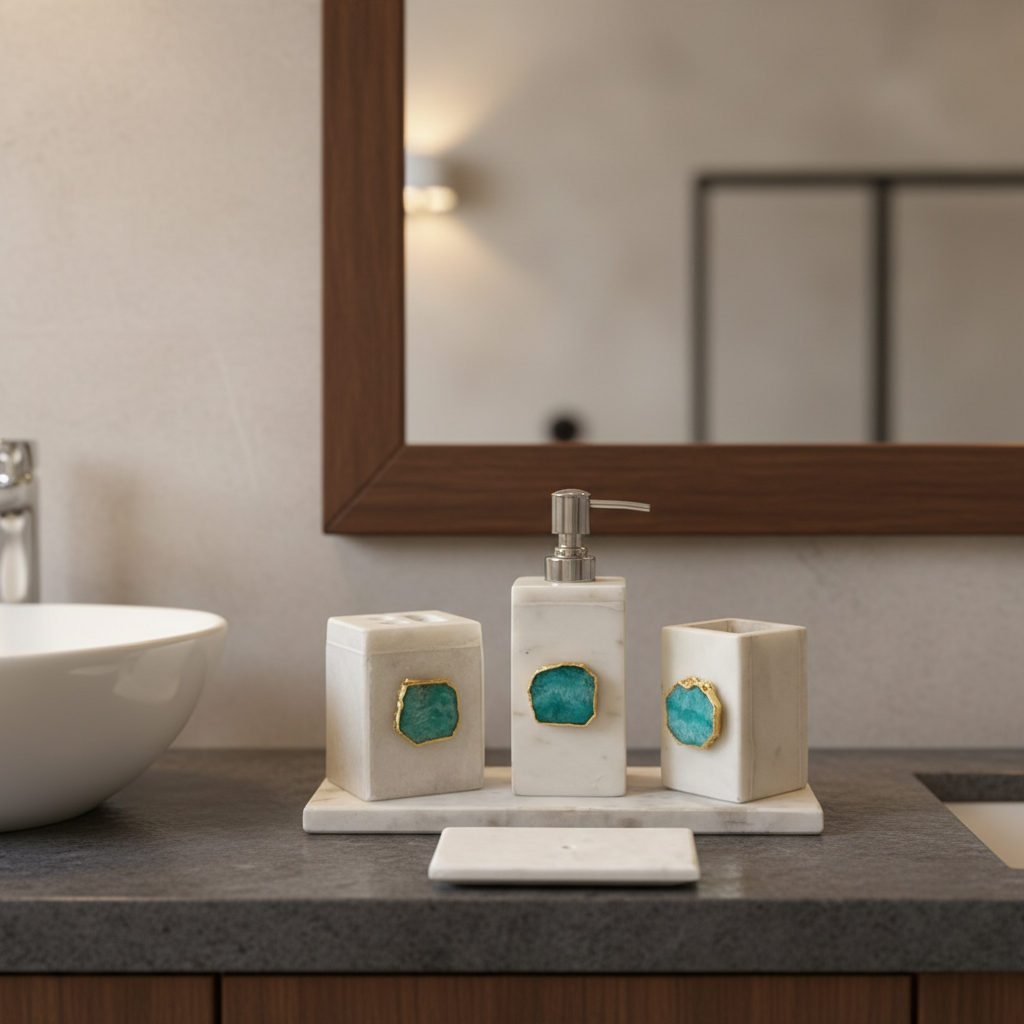 White Marble with Green Agate Bathroom Set, Set of 5