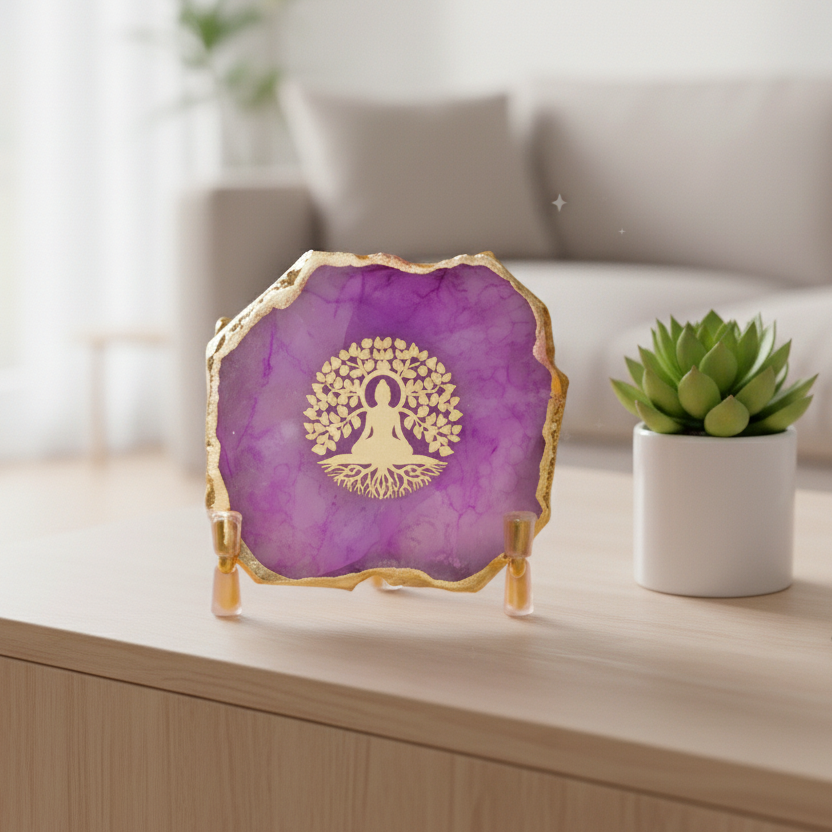 Budha Tree Pink Agate Metal Showpeice