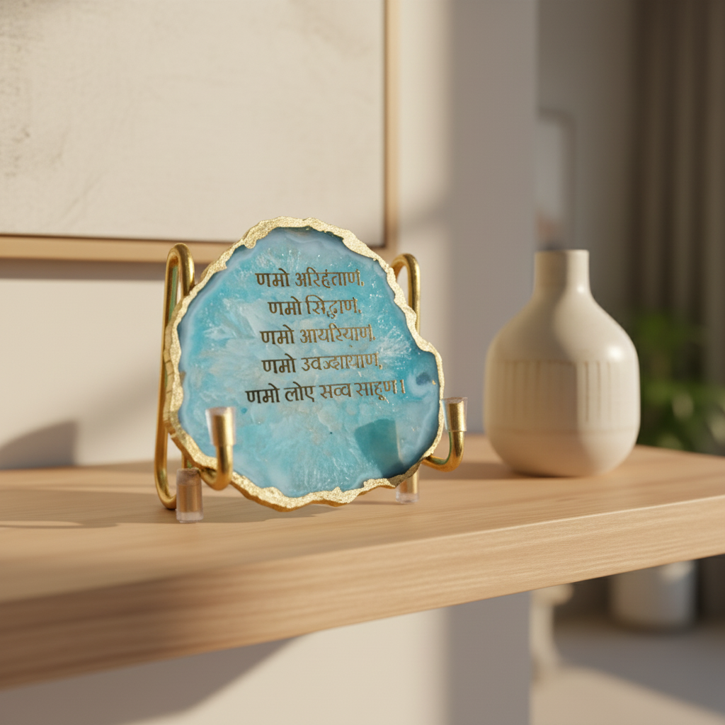 Namokar Mantra - Green Agate Metal Stand