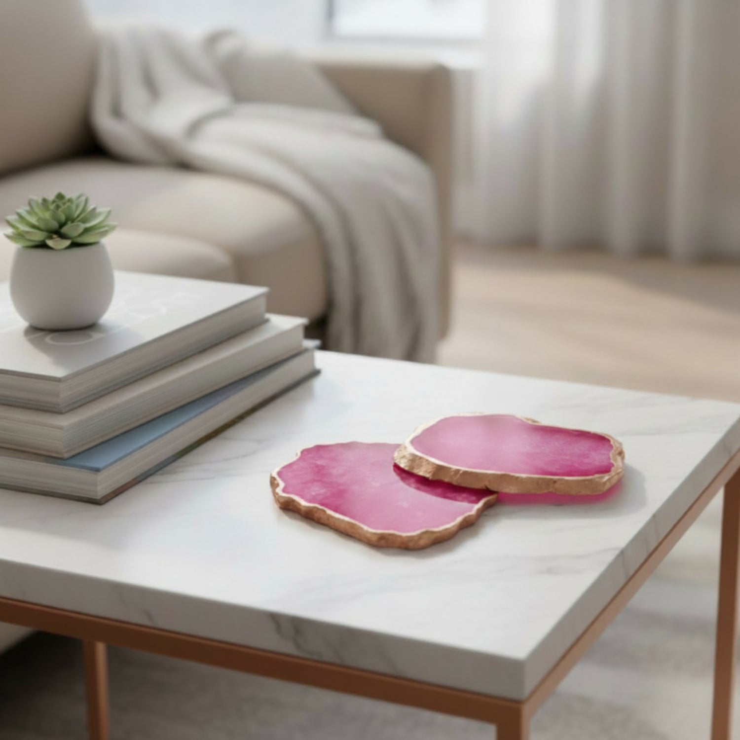 Pink Crystal Agate Coaster With Rose Gold Plating Set of 2