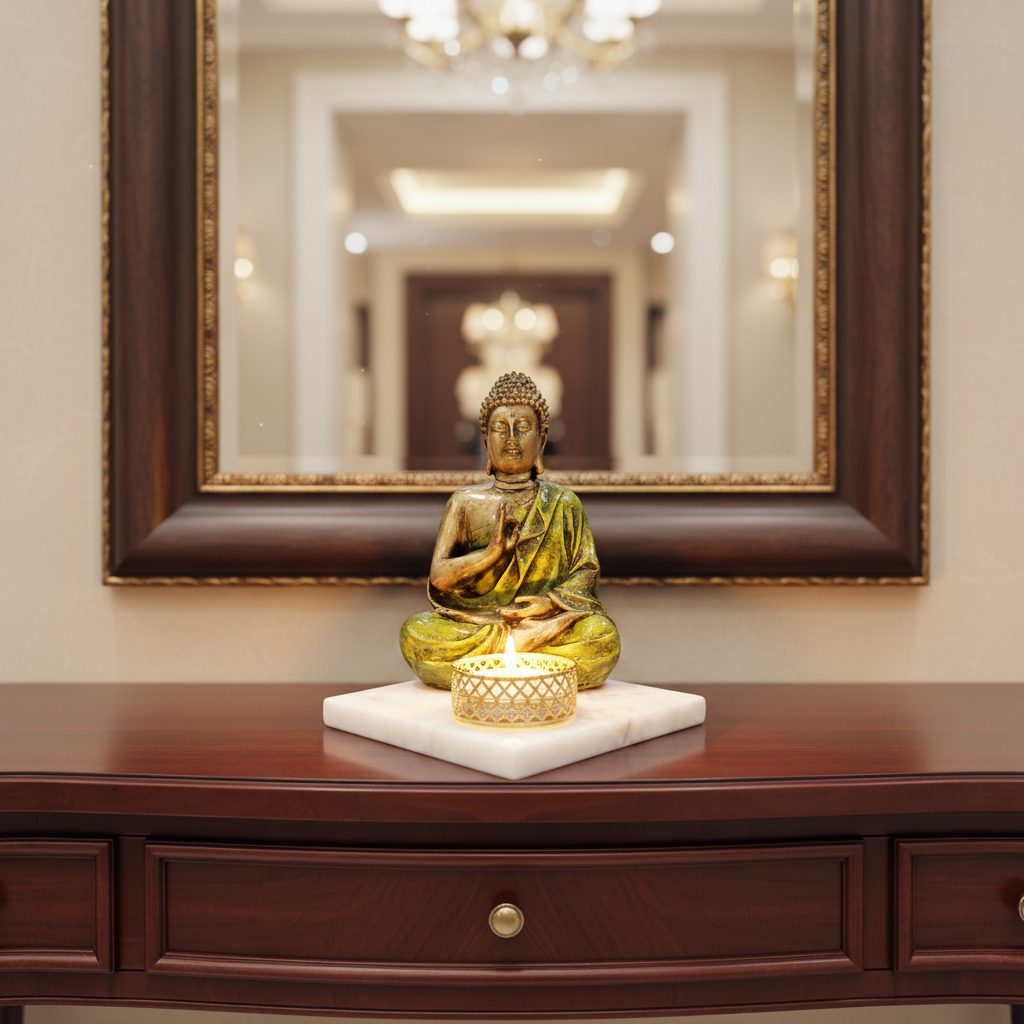 Light Green Meditating Buddha Idol with Tealight Candle Holder