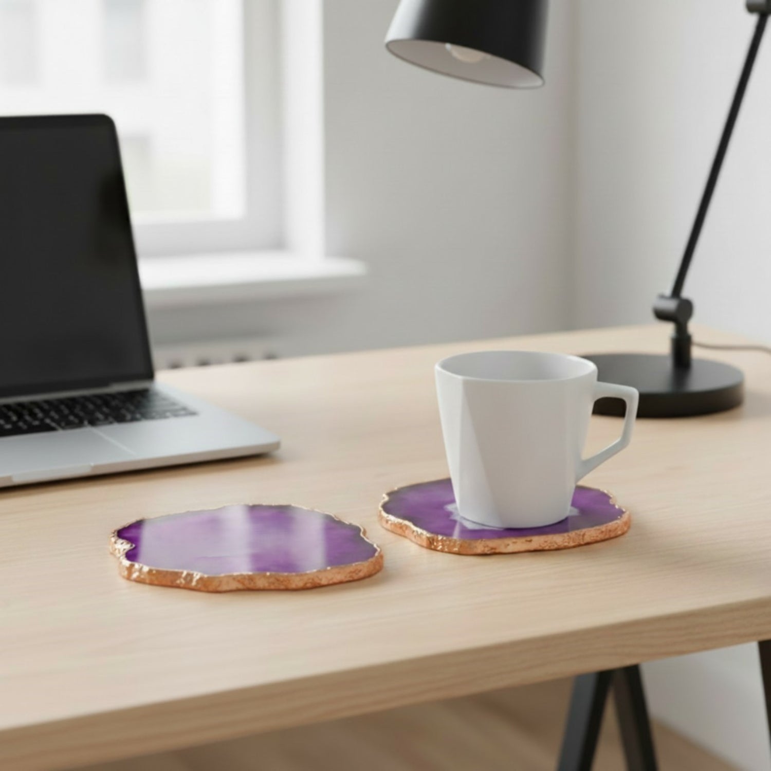 Purple  Crystal Agate Coaster With Rose Gold Plating Set Of 2