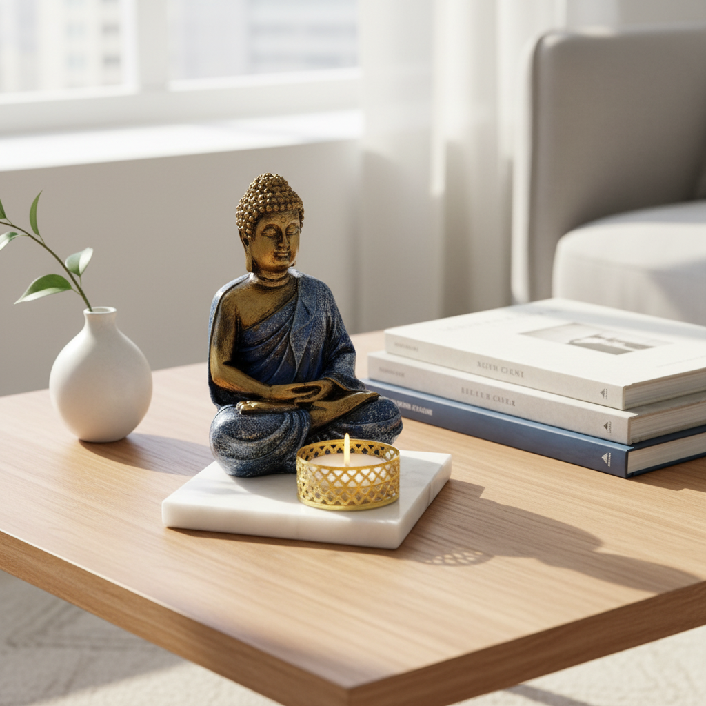 Blue Meditating Buddha Idol with Tealight Candle Holder