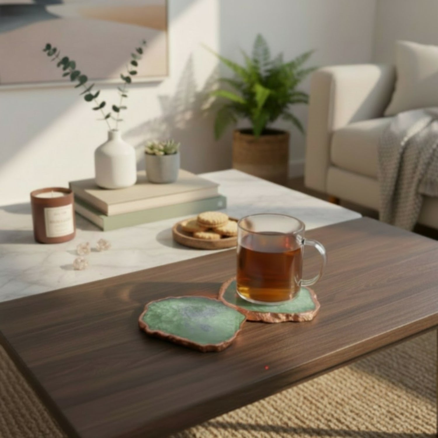Green Crystal Agate Coaster With Rose Gold Plating Set Of 2