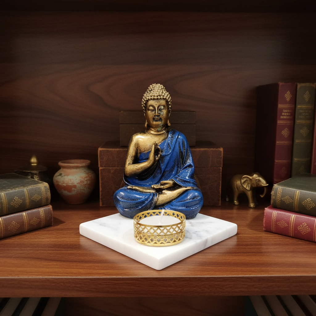 Dark Blue Meditating Buddha Idol with Tealight Candle Holder