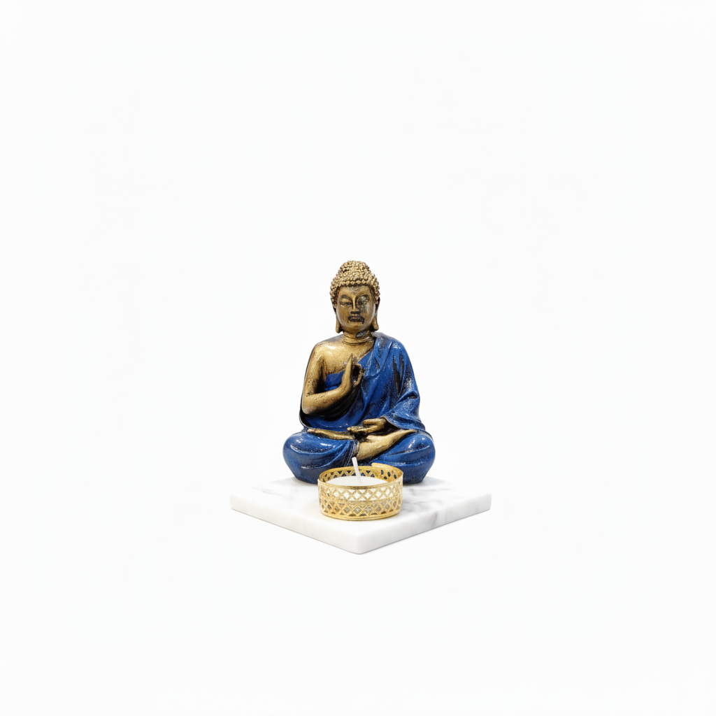 Dark Blue Meditating Buddha Idol with Tealight Candle Holder
