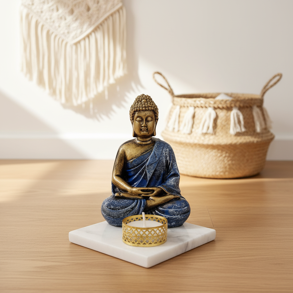 Blue Meditating Buddha Idol with Tealight Candle Holder