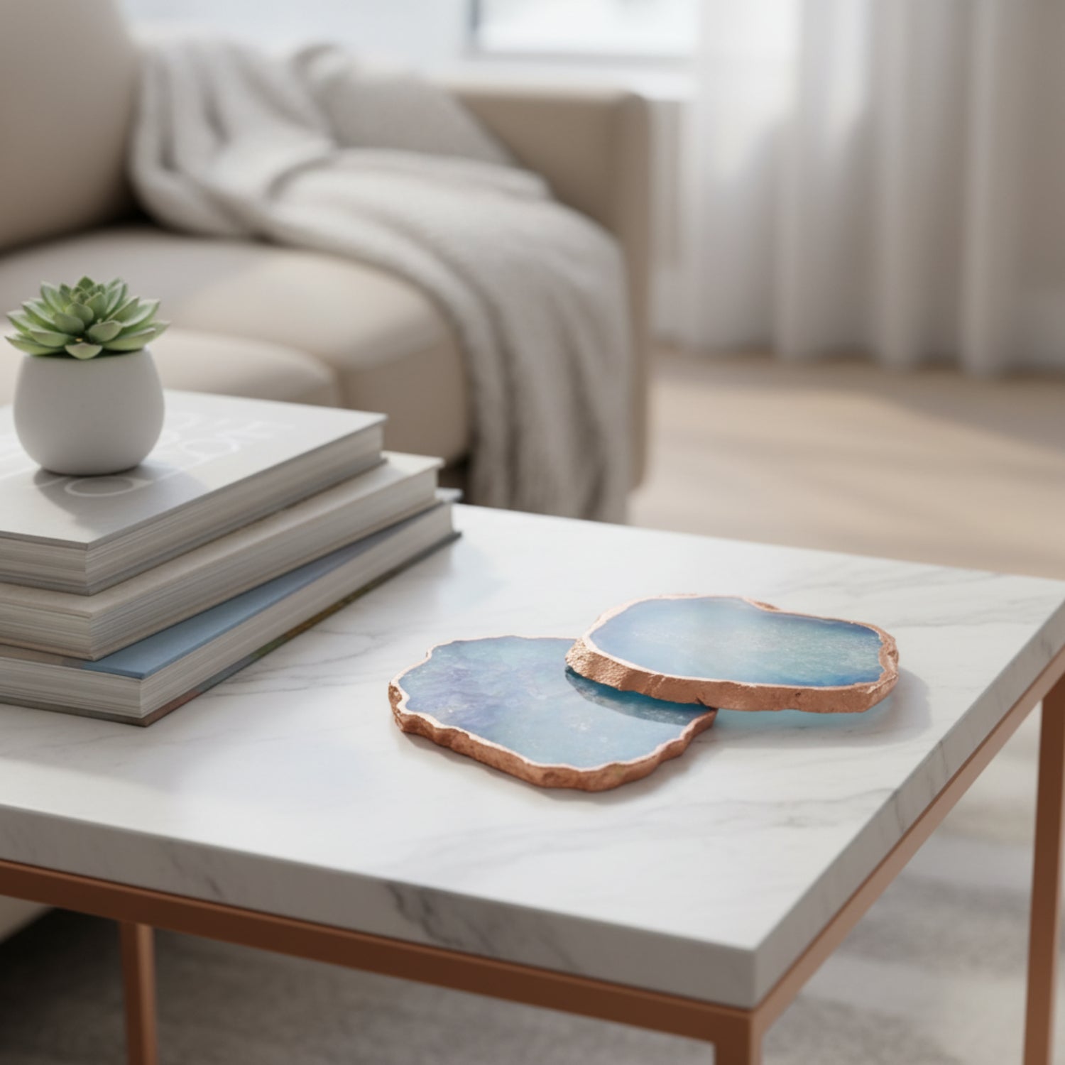 Blue  Crystal Agate Coaster With Rose Gold Plating Set of 2