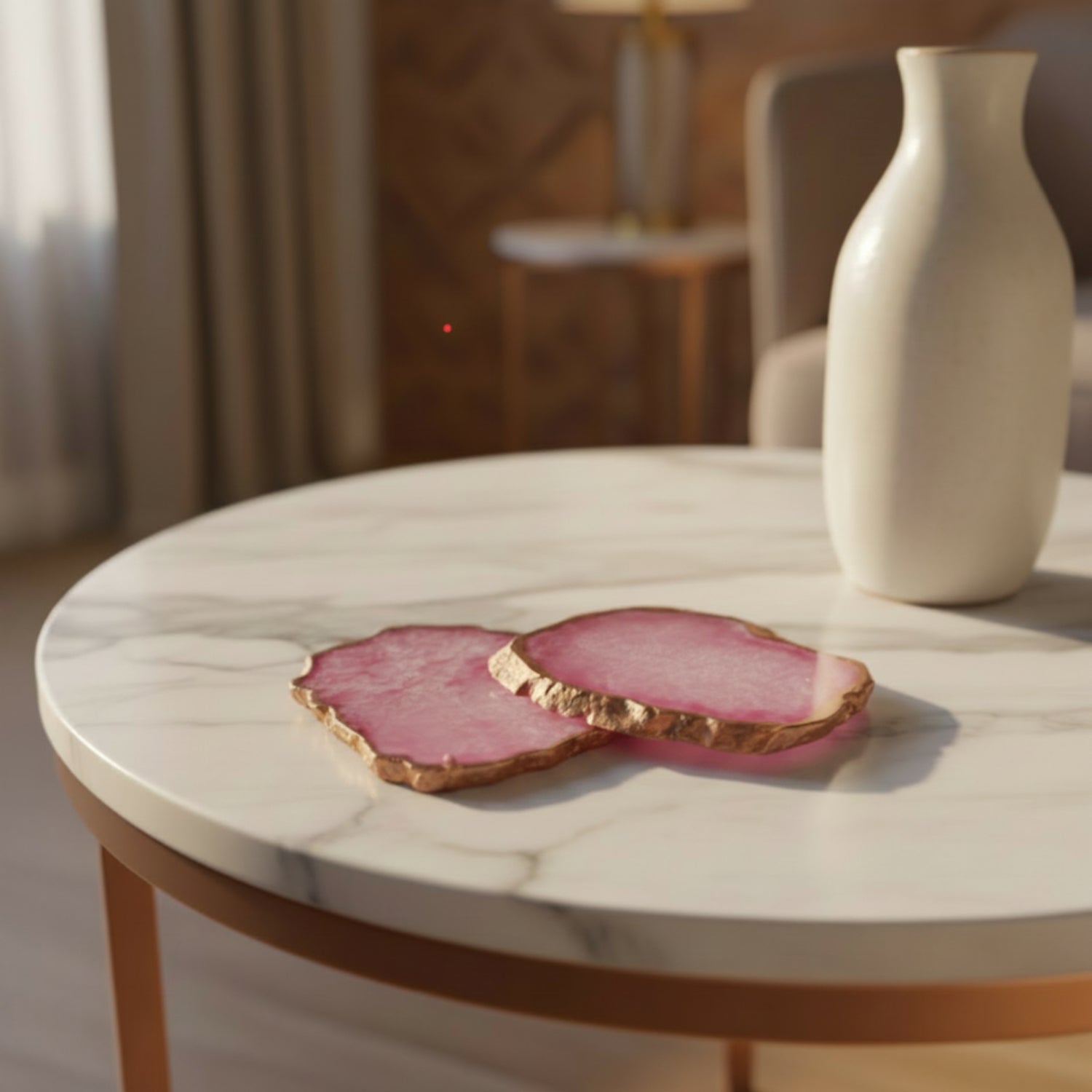 Pink Crystal Agate Coaster With Rose Gold Plating Set of 2