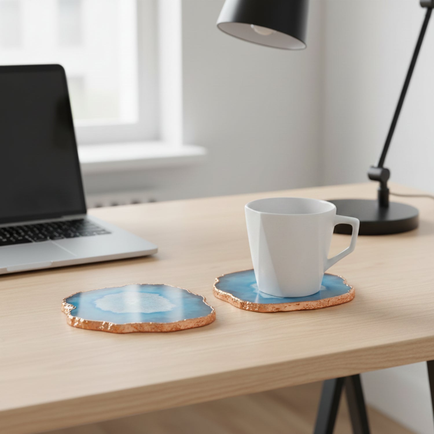 Blue  Crystal Agate Coaster With Rose Gold Plating Set of 2