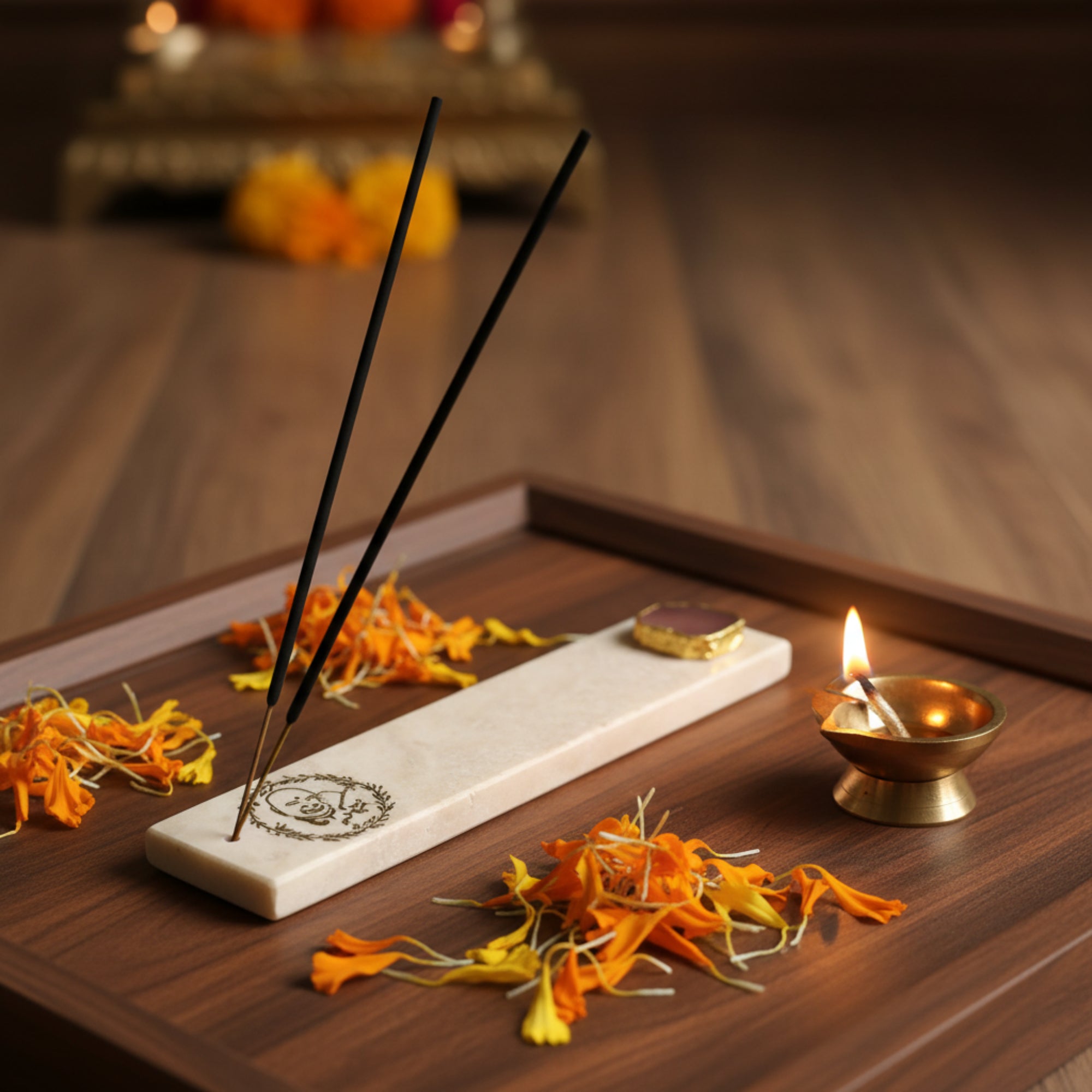 Marble with Rose Quartz Guru Ji Agarbatti Stand