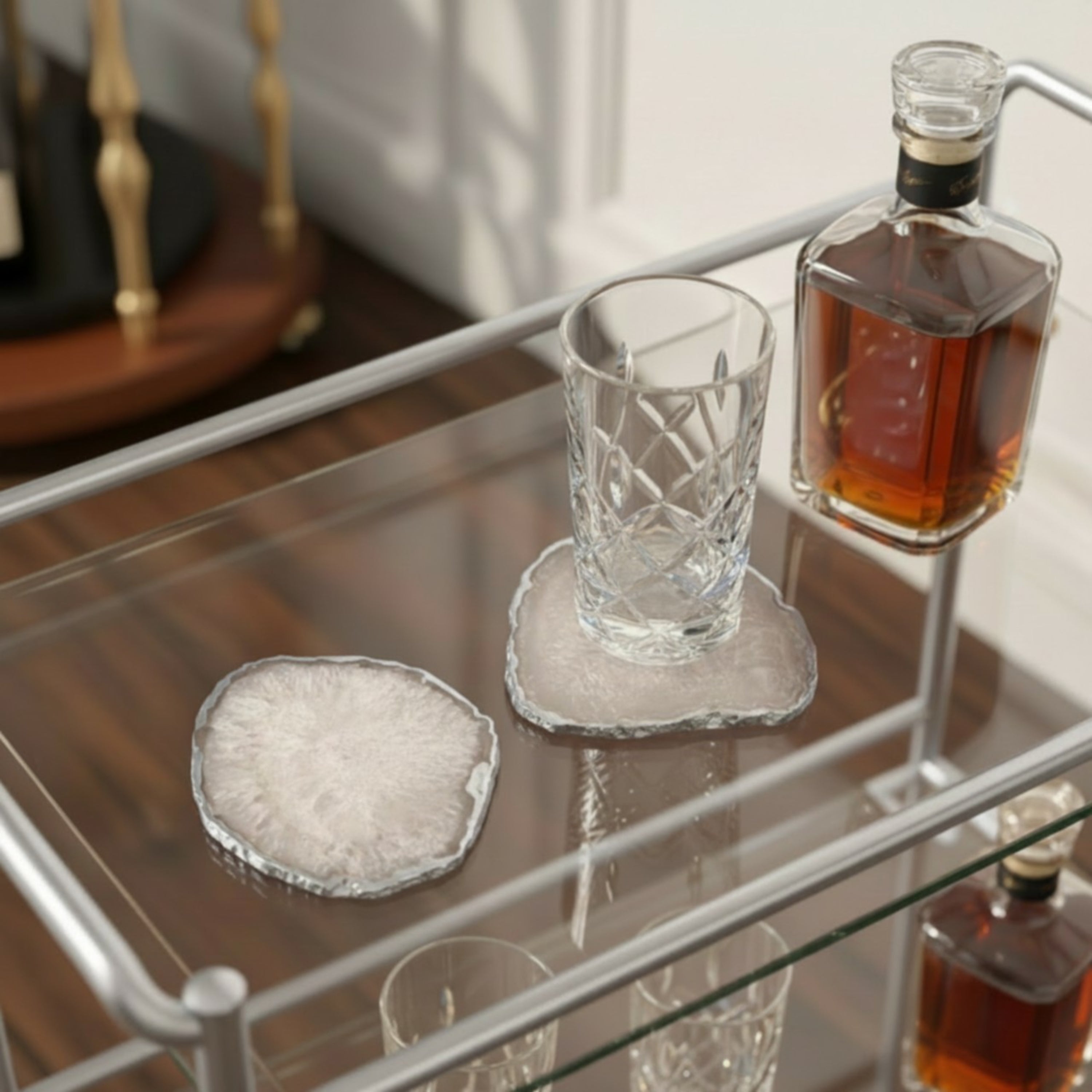 White  Crystal Agate Coaster With Silver Plating Set Of 02