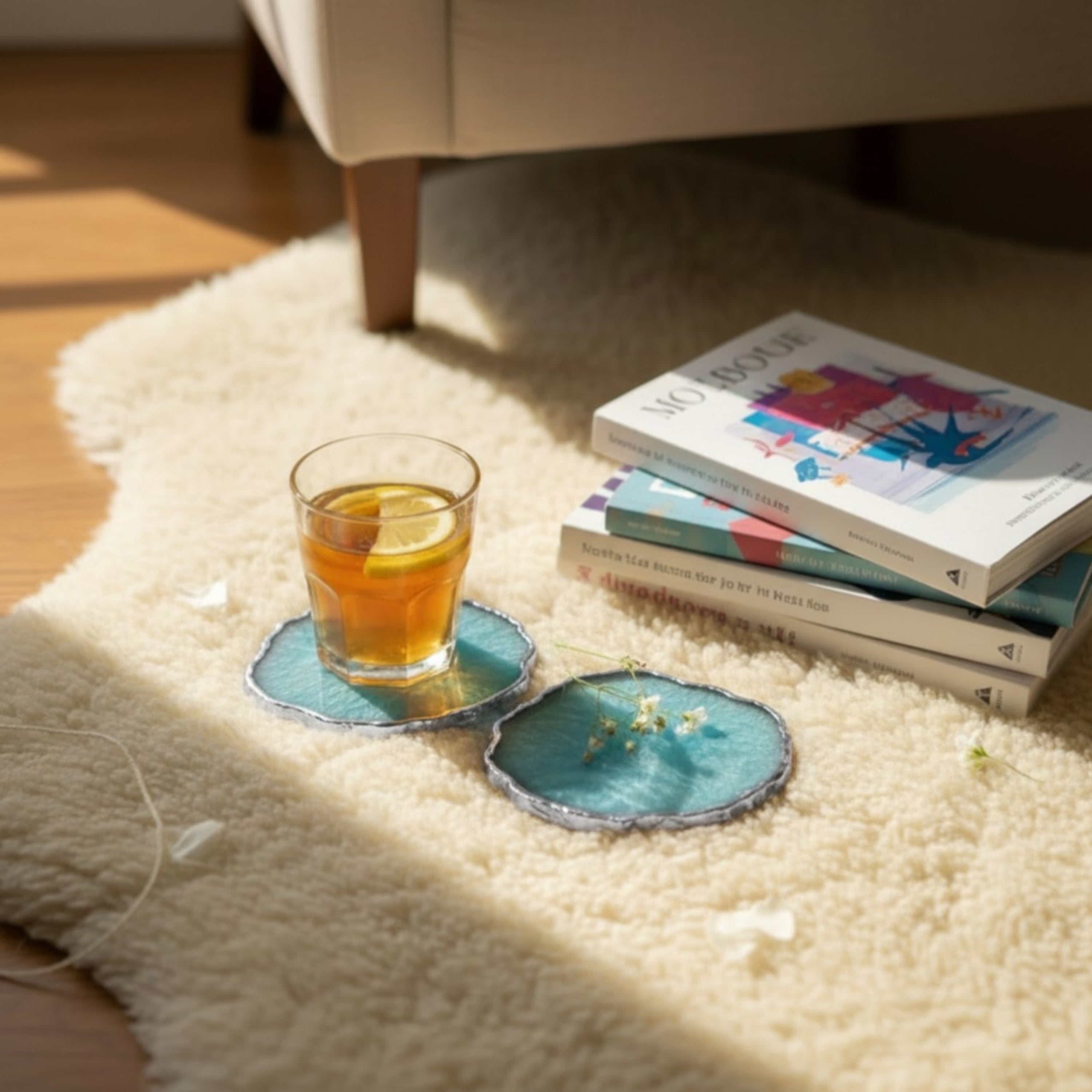 Turquoise Crystal Agate Coaster With Silver Plating Set of 2